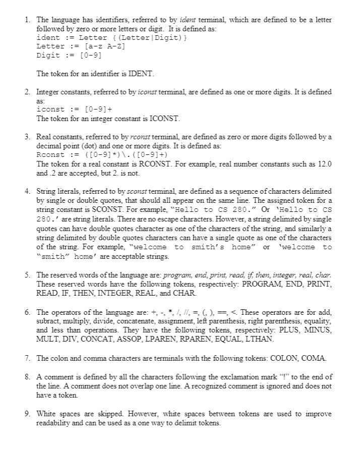 for small programming language and a program to test it. This assignment