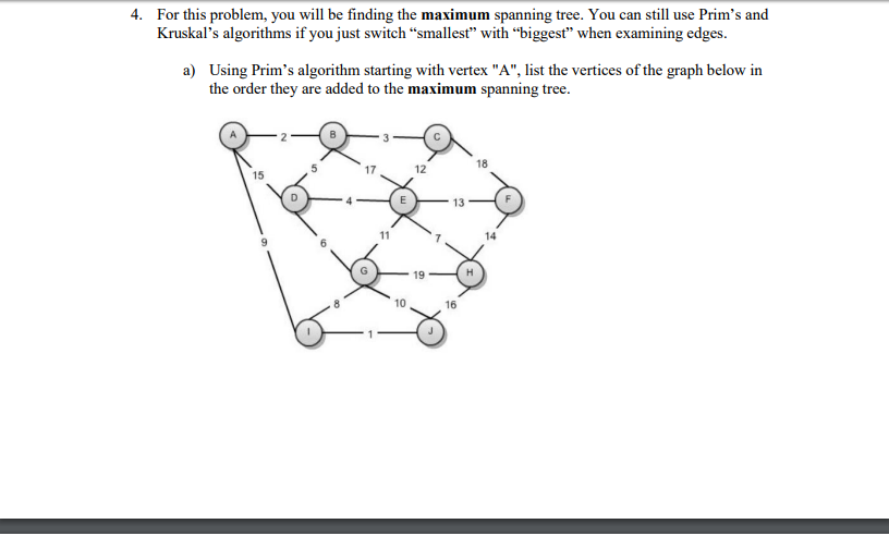  4. For this problem, you will be finding the maximum spanning