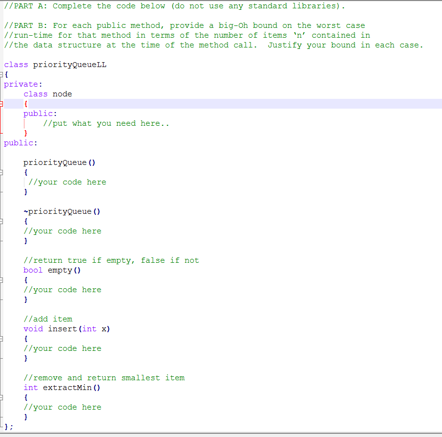 C++ priority queue Linked List implementation //PART A: Complete the code below