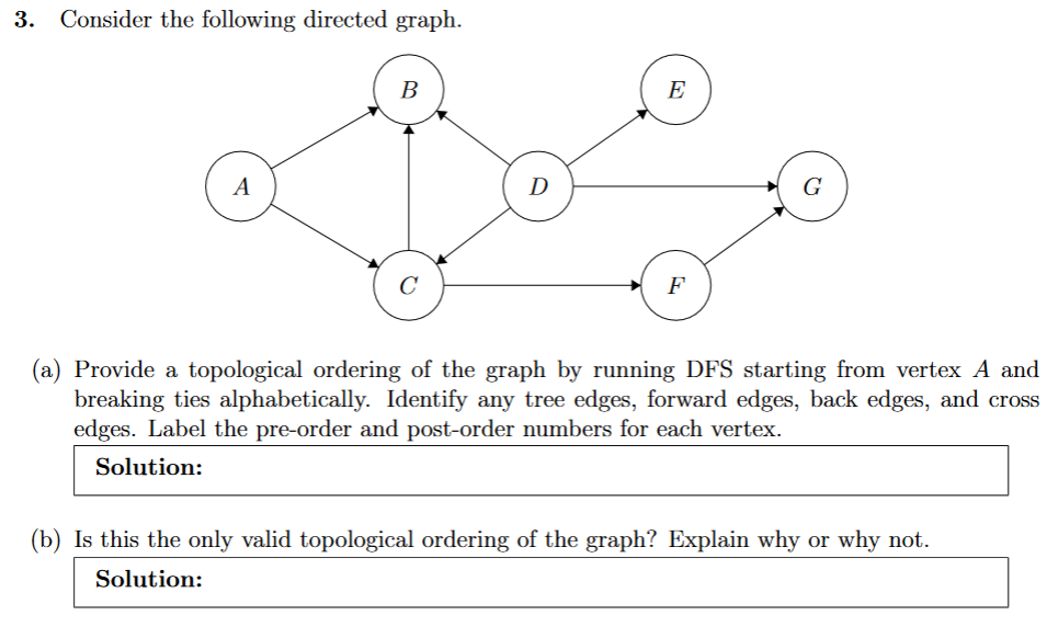  Consider the following directed graph. (a) Provide a topological ordering of