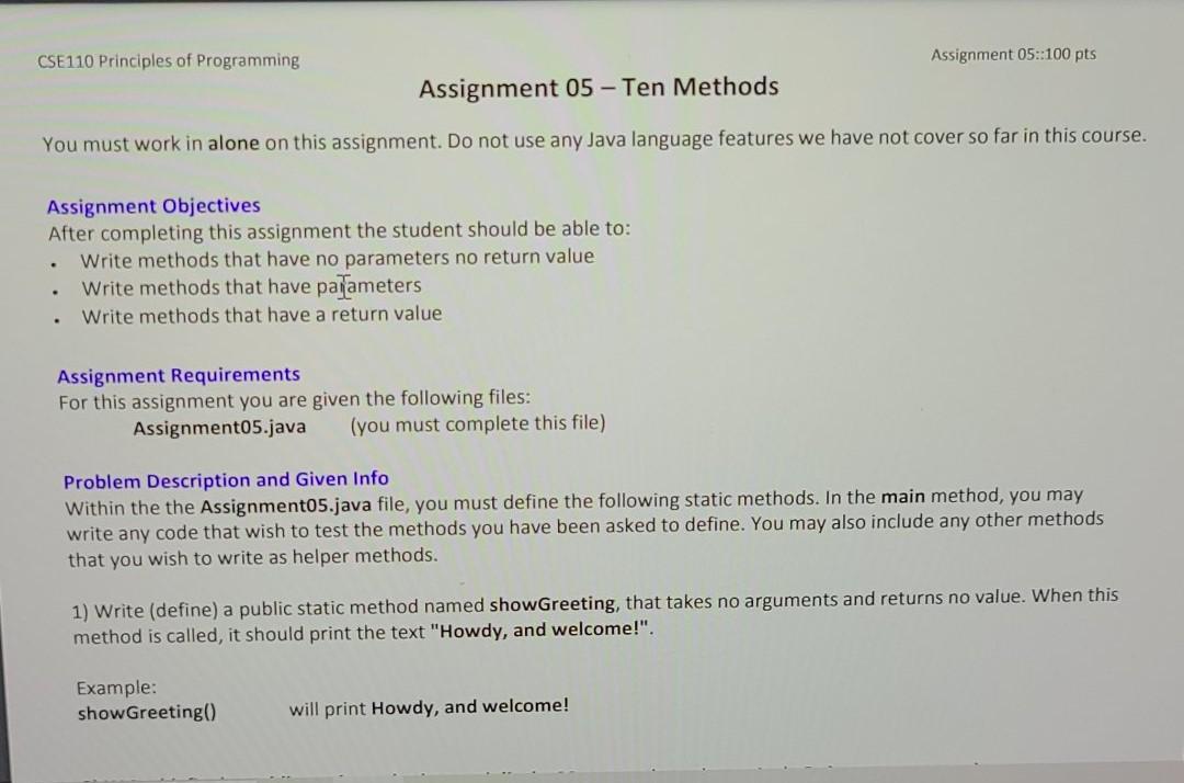  CSE110 Principles of Programming Assignment 05:100 pts Assignment 05 - Ten