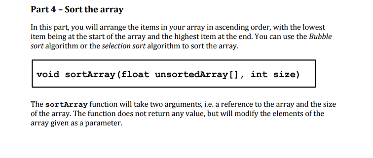  Part 4 - Sort the array In this part, you will