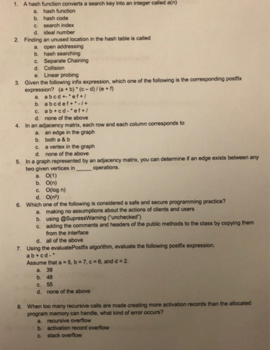 1. A hash function converts a search key into an integer