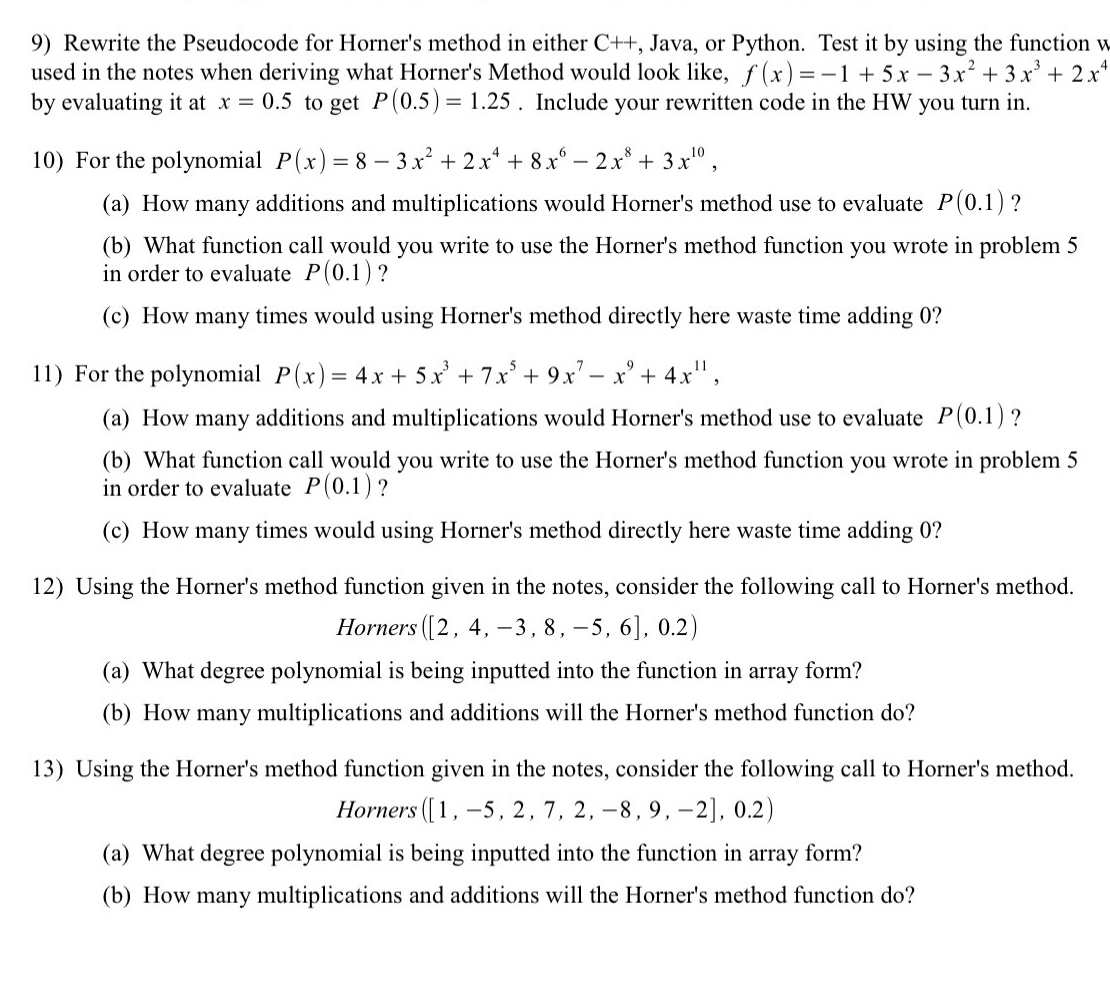  Rewrite the Pseudocode for Horner's method in either C++, Java, or