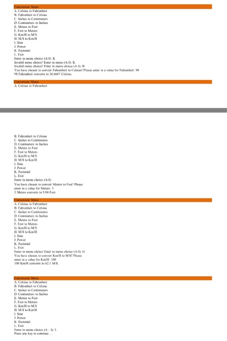 menu-based conversion calculator using a switch statement and loops, without the use