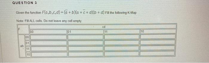  QUESTION 3 Given the function Fla.b.c,d) = (a + b)(a +