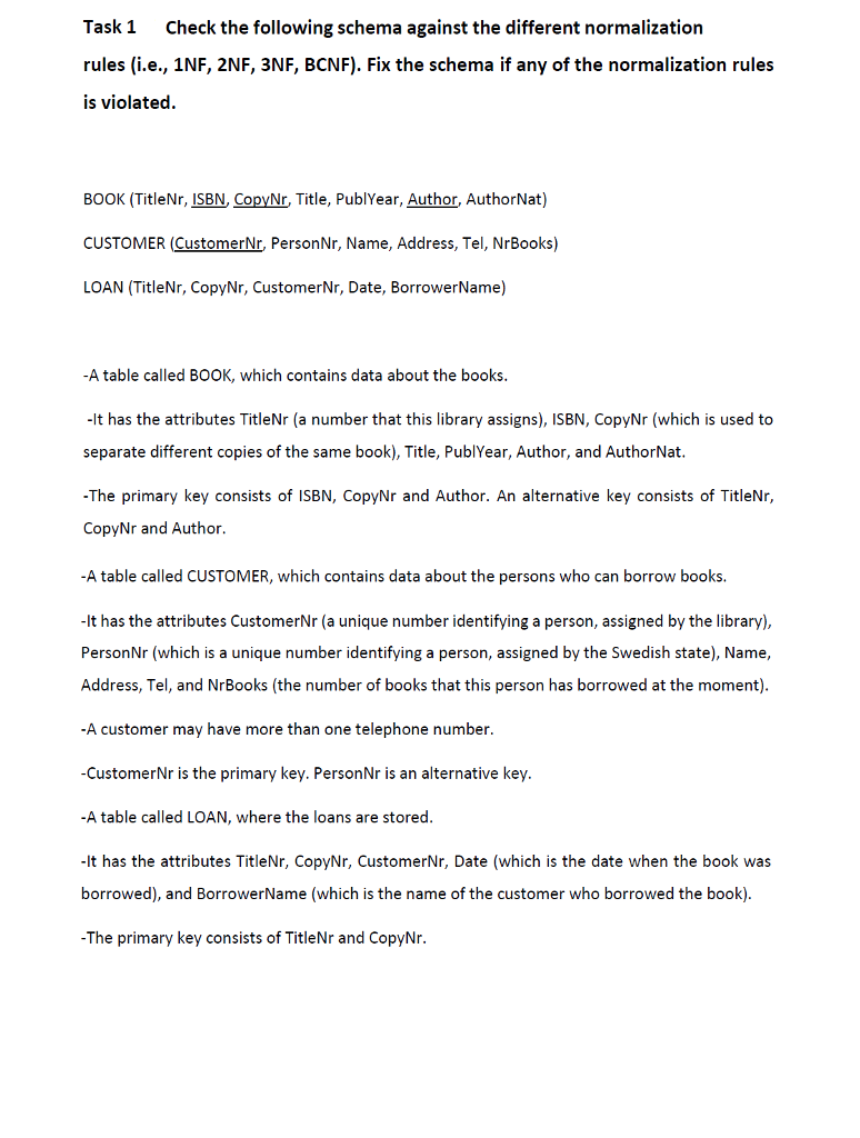  Task1 Check the following schema against the different normalization rules (i.e.,