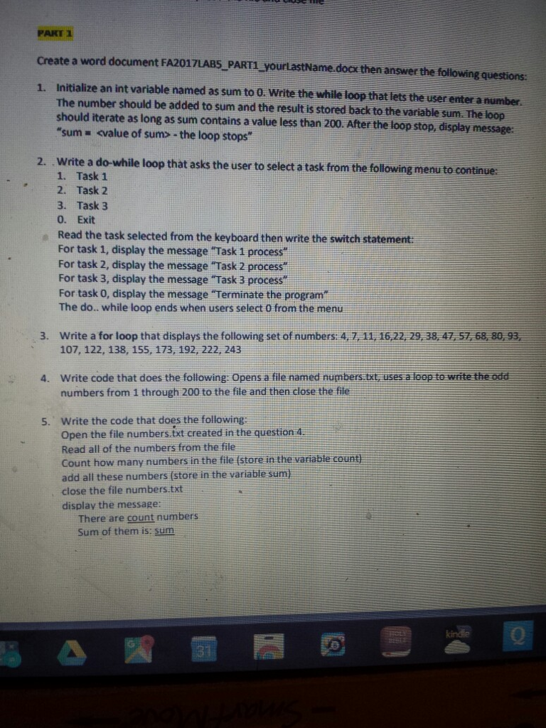  Java programming PART 1 Create a word document FA2017LAB5_PARTI_yourlastName.docx then ang