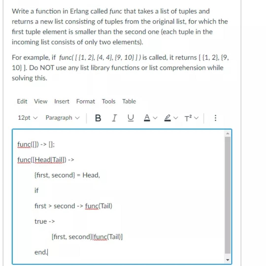  Write a function in Erlang called func that takes a list