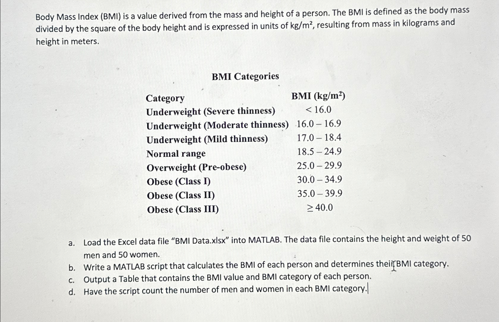  Body Mass Index (BMI) is a value derived from the mass