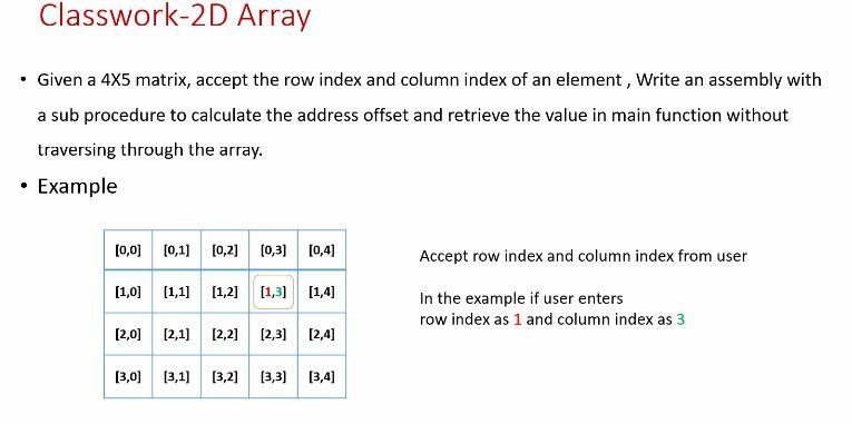 Write an assembly program for reading element of 2D array and to