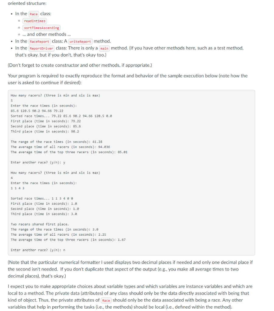 the program will be in the class ReportDriver and will include a