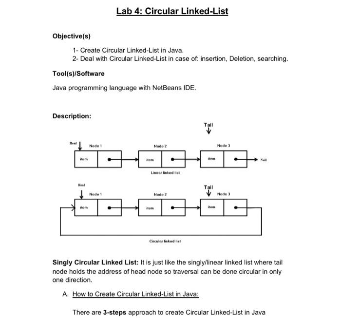 java Lab 4: Circular Linked-List Objective(s) 1- Create Circular Linked-List in Java.