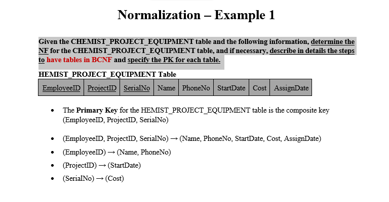  Normalization Example 1 Given the CHEMIST_PROJECT_EQUIPMENT table and the following information,
