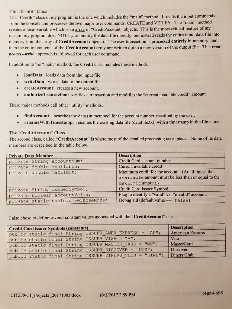 CREATE and VERIFY credit card accounts. The user types textual commands which