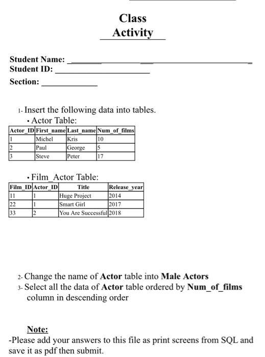  Class Activity Student Name: Student ID: Section: 1- Insert the following