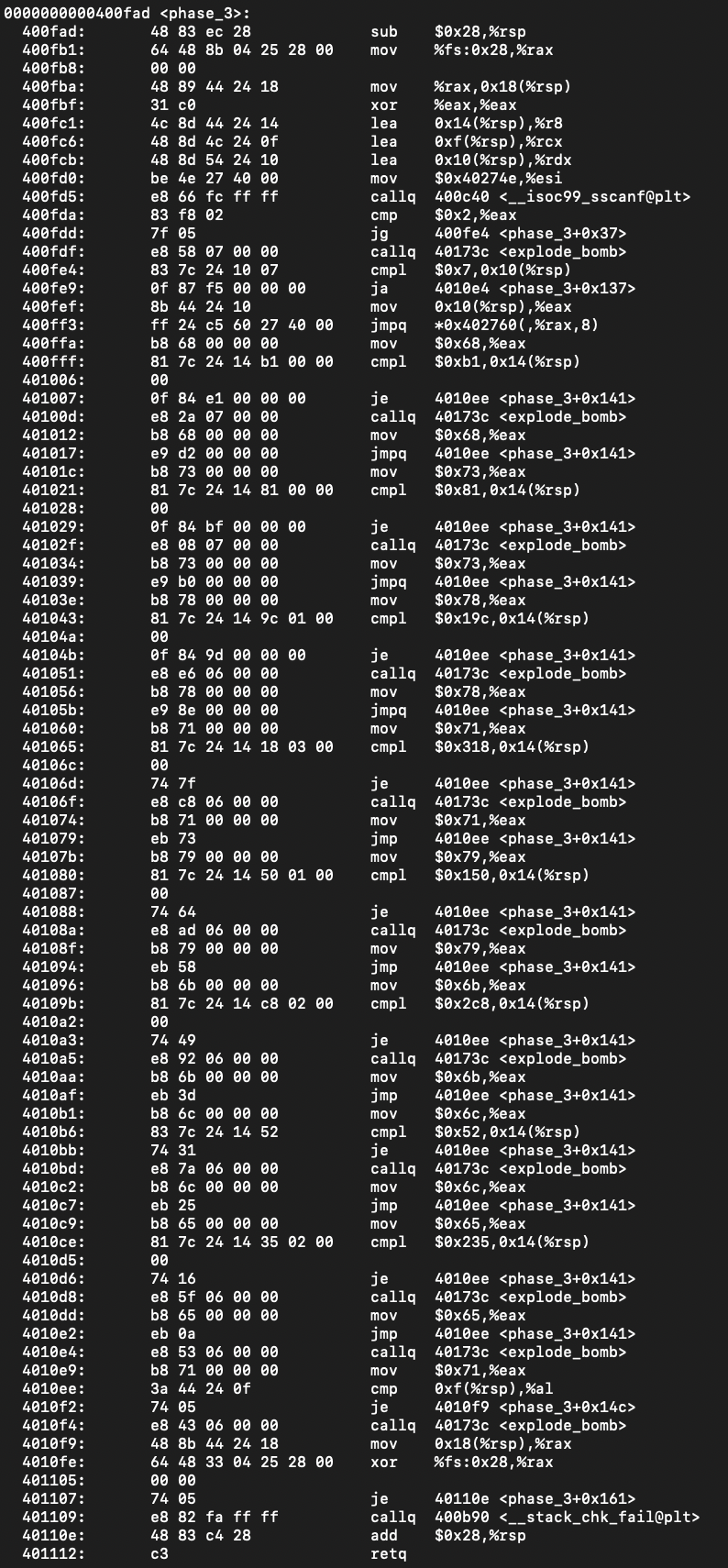 Need help with the phase_3 for bomb defusion. The answer will
