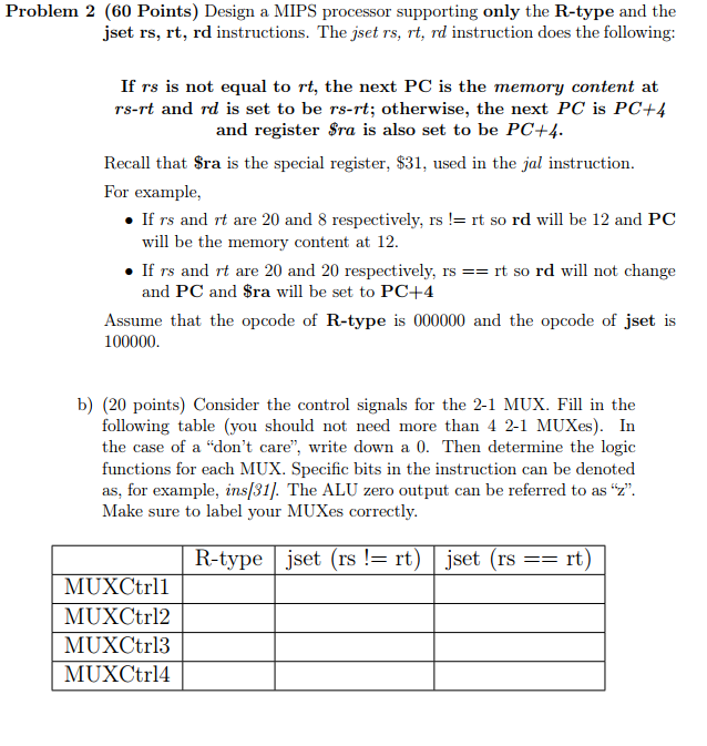 Problem 2 (60 Points) Design a MIPS processor supporting only the R-type