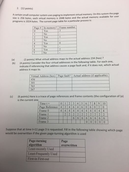  2. (12 points) A certain small computer system uses paging to