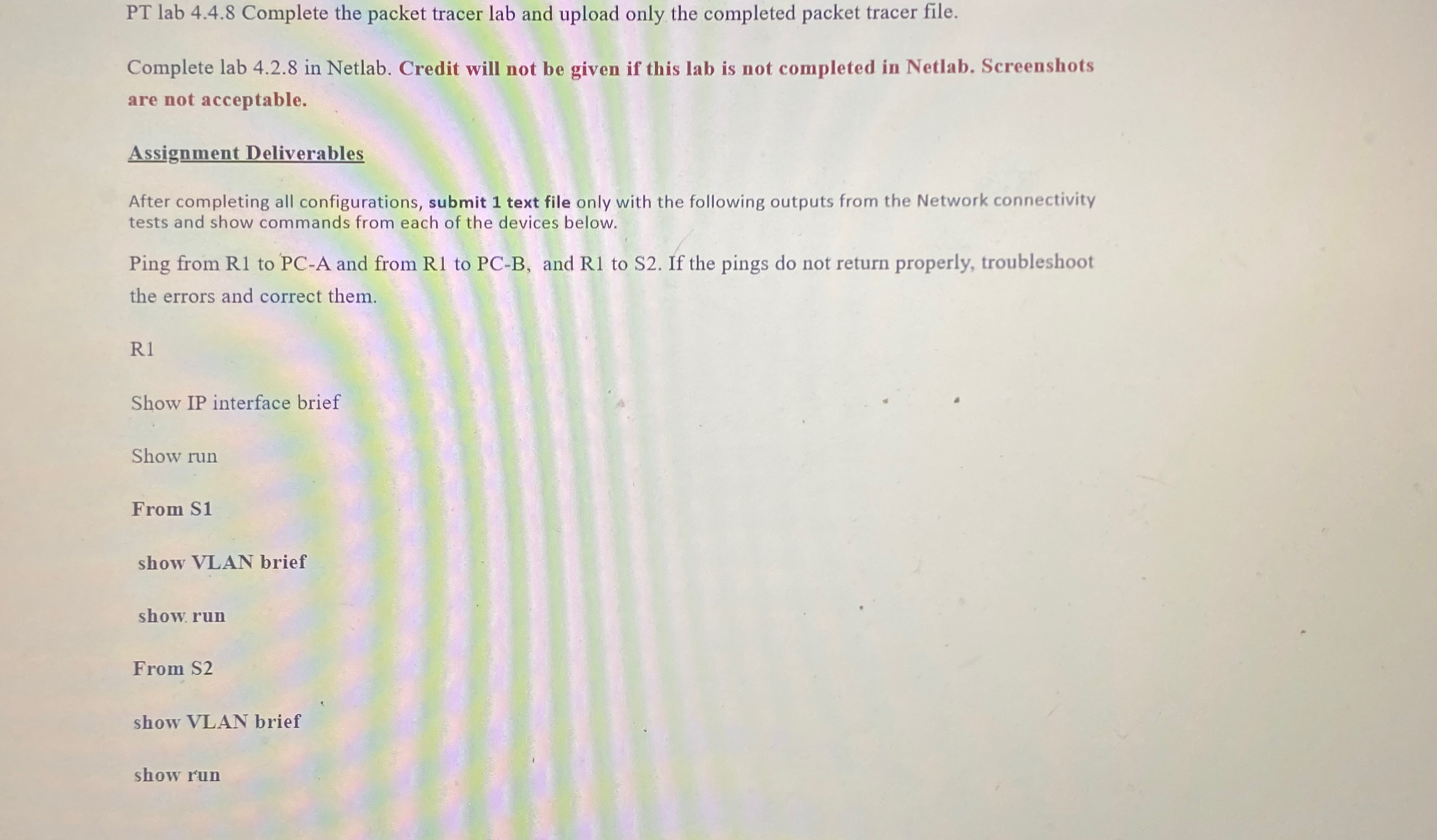  PT lab 4.4.8 Complete the packet tracer lab and upload only