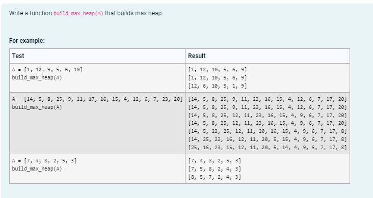  Write a function build_max_heap(A) that builds max heap. make it the