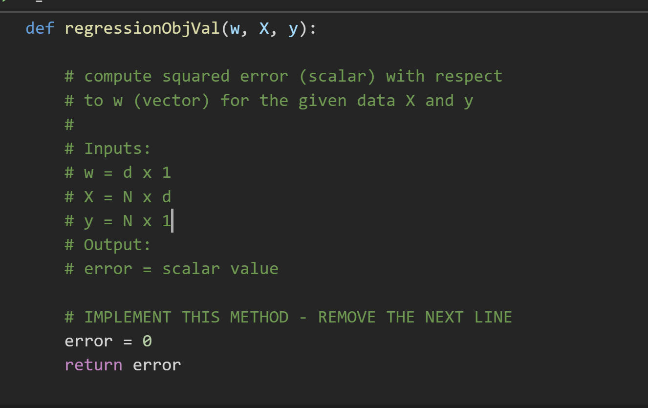  def regressionObjVal(w, x, y): # compute squared error (scalar) with respect