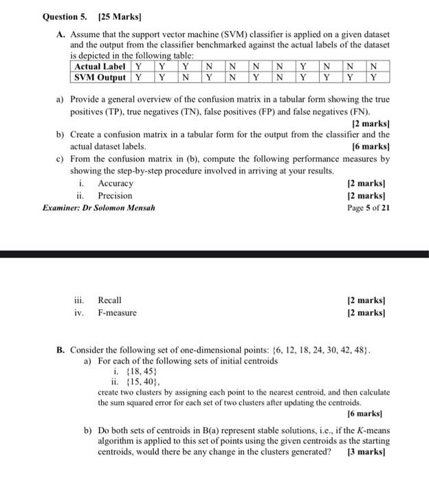  Question 5. 25 Marks A. Assume that the support vector machine