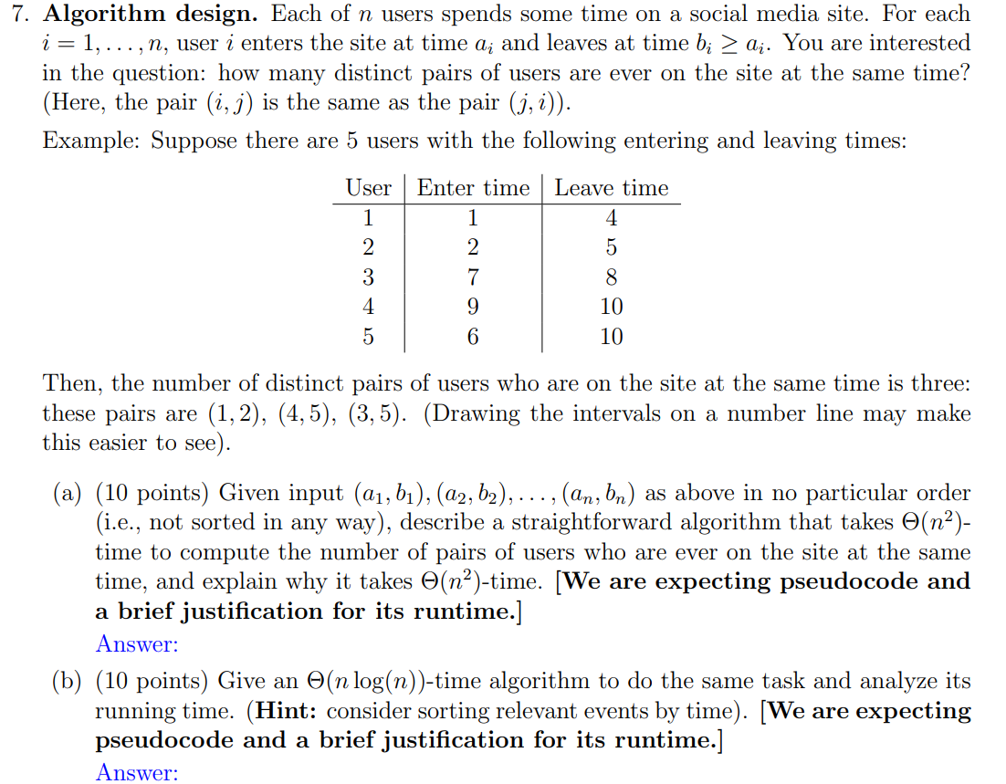  Algorithm design. Each of n users spends some time on a