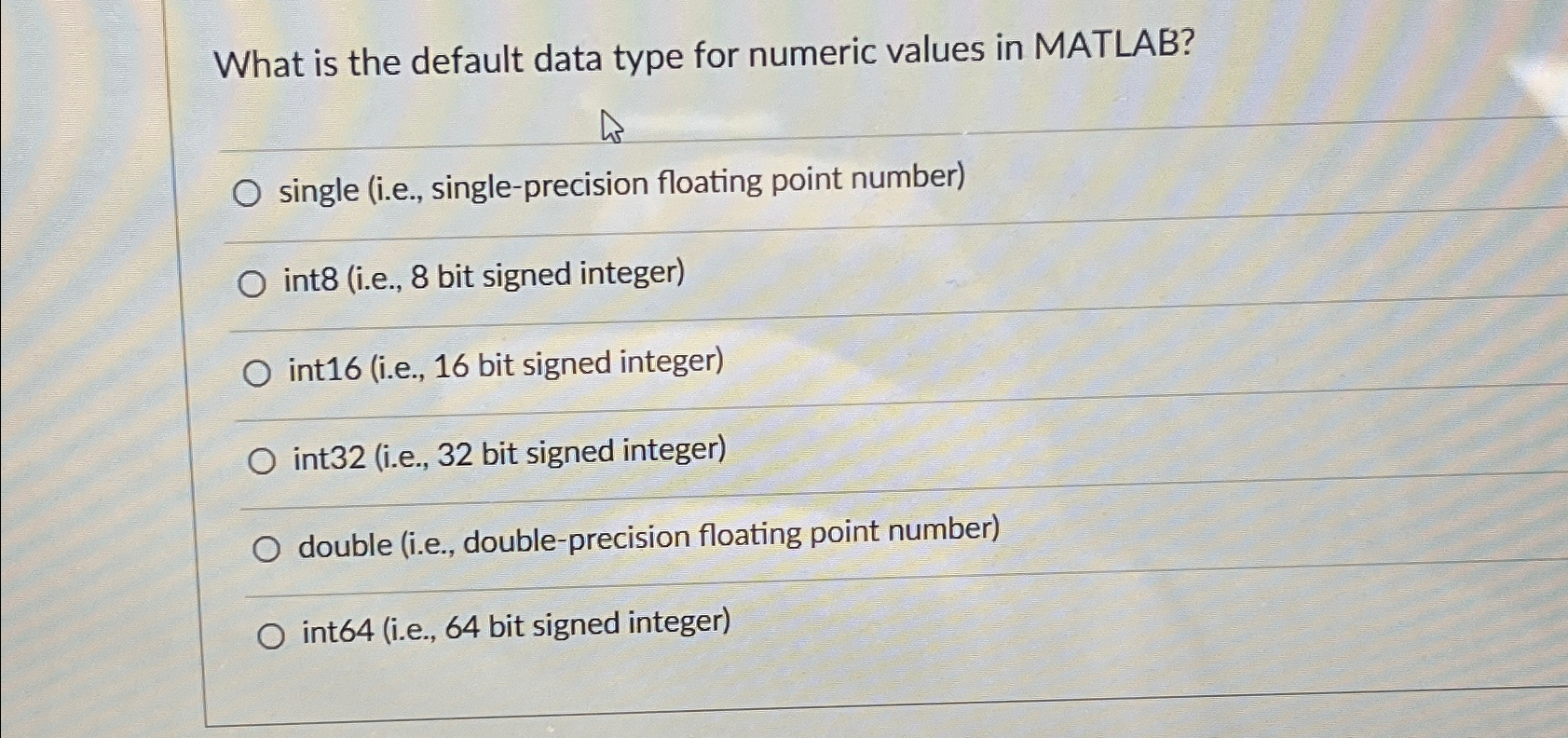  What is the default data type for numeric values in MATLAB?