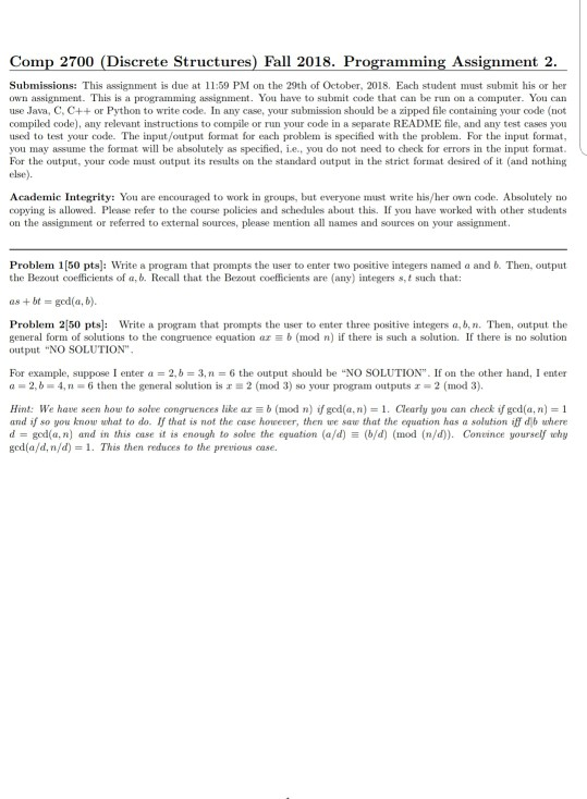 use java Comp 2700 (Discrete Structures) Fall 2018. Programming Assignment 2 Submissions: