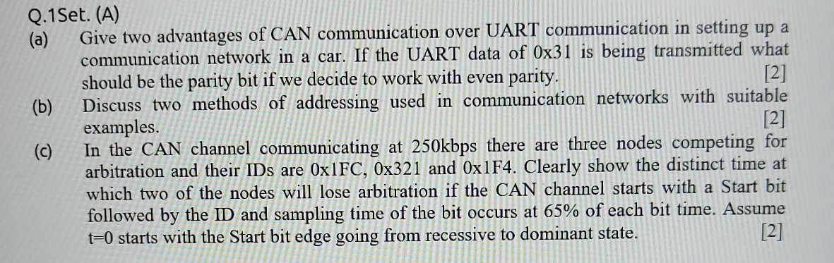  Q.1 Set. (A) (a) Give two advantages of CAN communication over