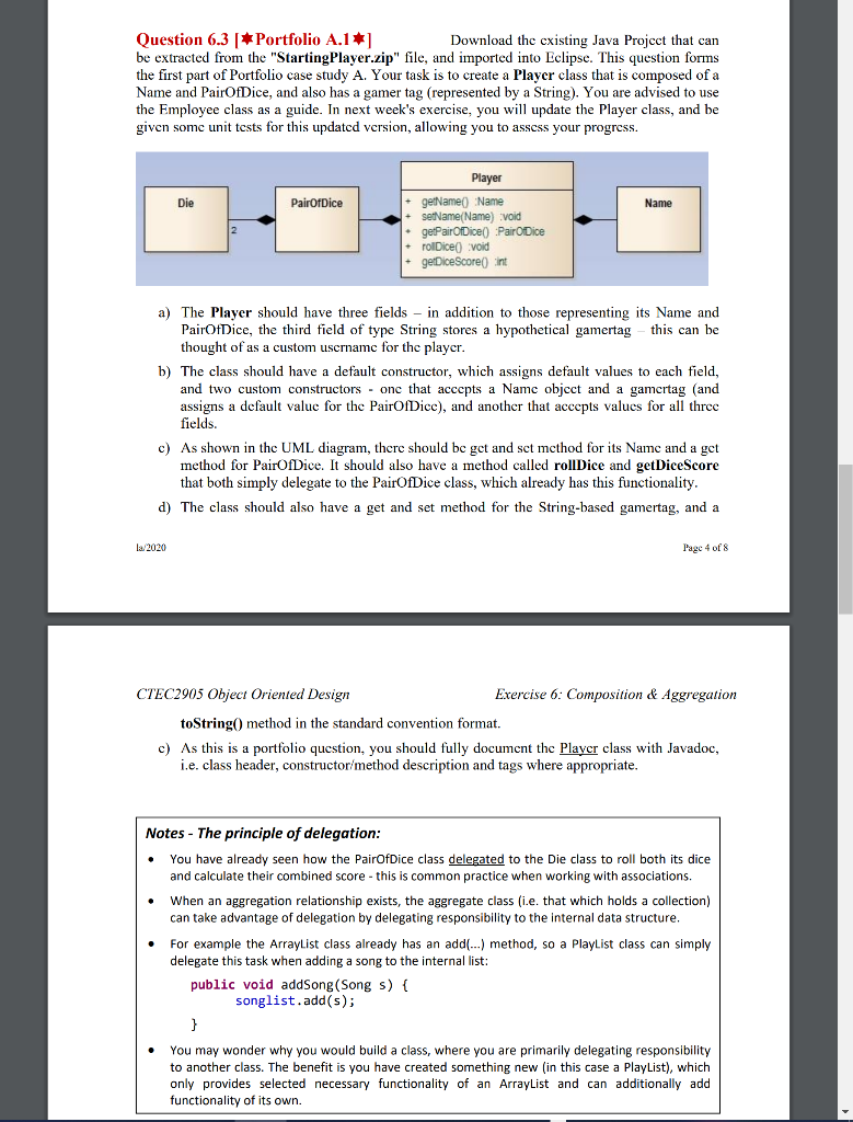 Question 6.3 Portfolio A.1+1 Download the existing Java Project that can