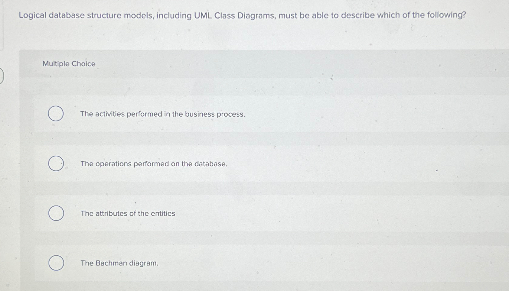  Logical database structure models, including UML Class Diagrams, must be able