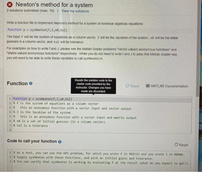  Newton's method for a system 2 solutions submitted (max: 10) |