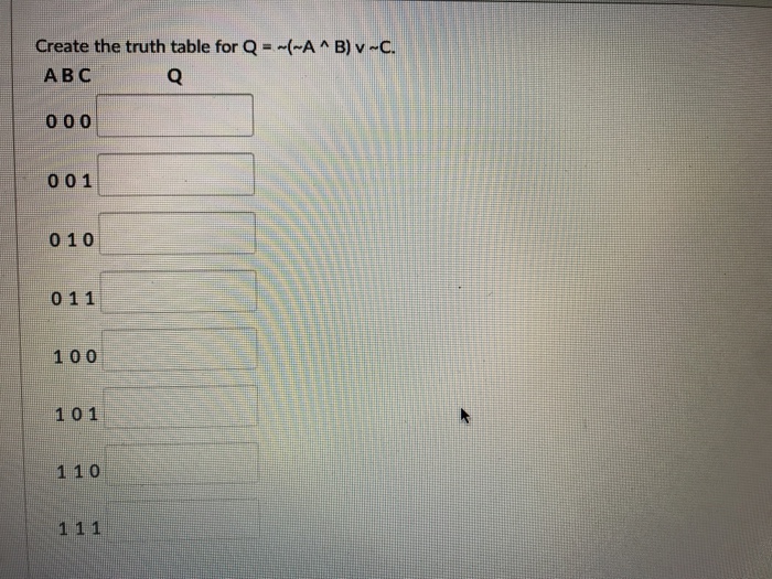  Create the truth table for Q-(-A B) v-C ABC 001 0