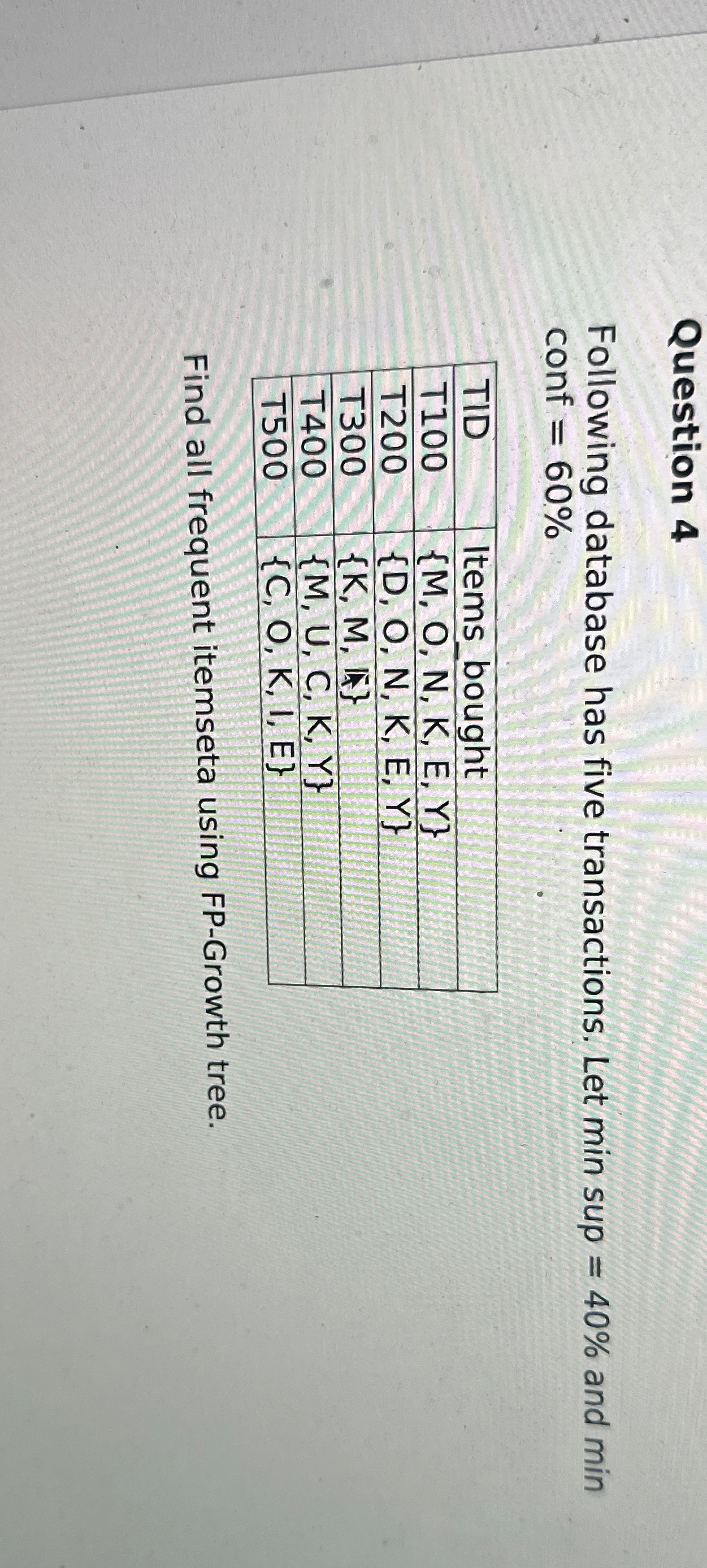  Question 4 Following database has five transactions. Let min sup =40%