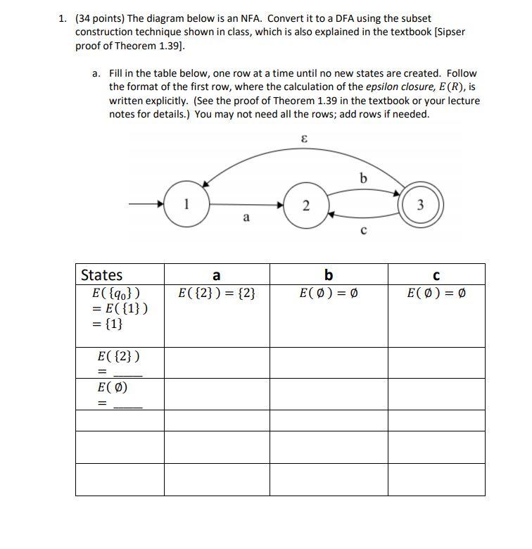  1. (34 points) The diagram below is an NFA. Convert it
