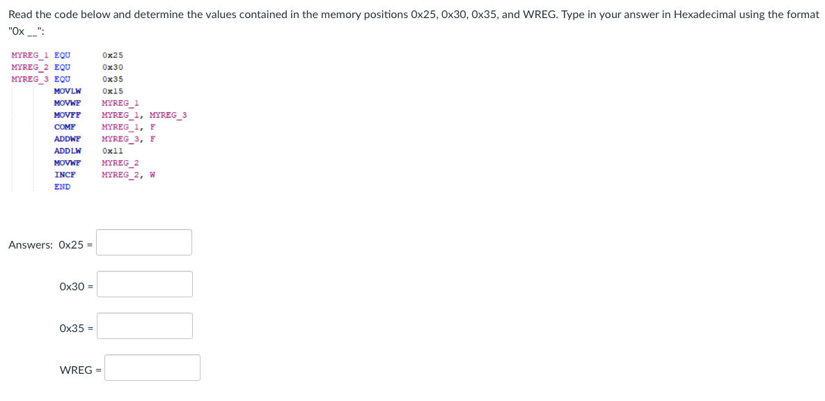  assembly code Read the code below and determine the values contained