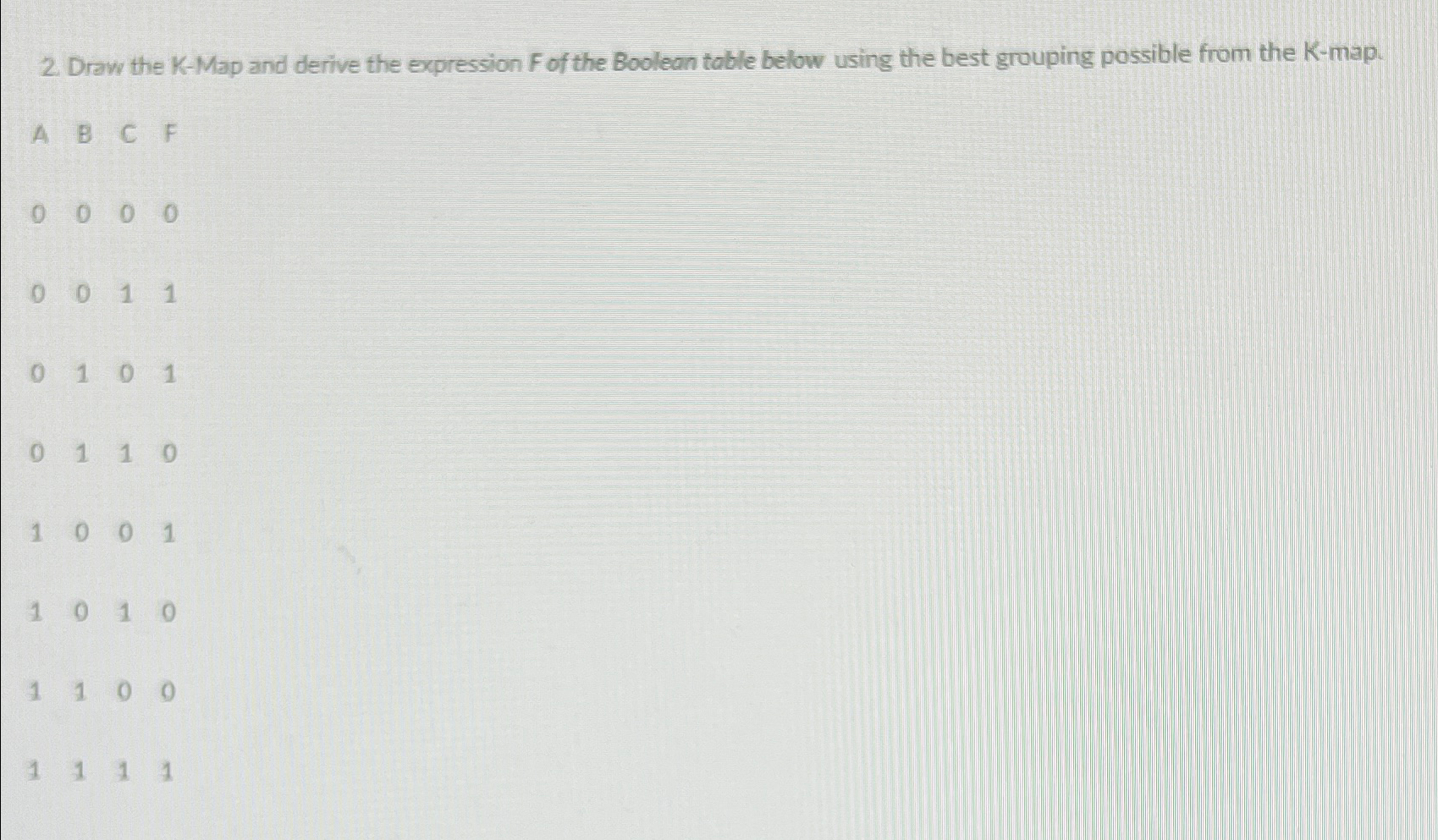 Draw the K-Map and derive the expression F of the Boolean