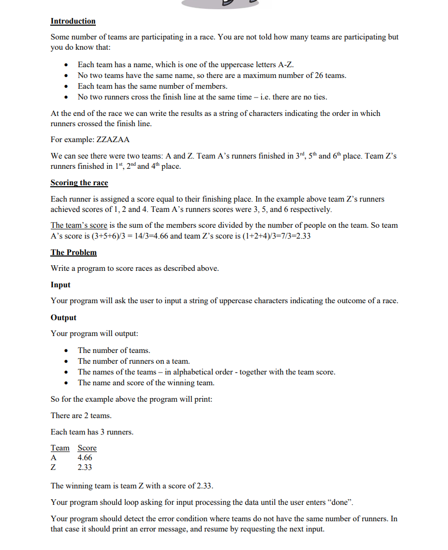  //Score the race #include using namespace std; void addToSetOfTeams( char ,