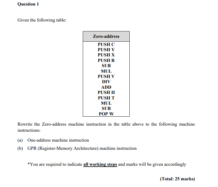  Question 1 Given the following table: Zero-address PUSHC PUSH Y PUSH