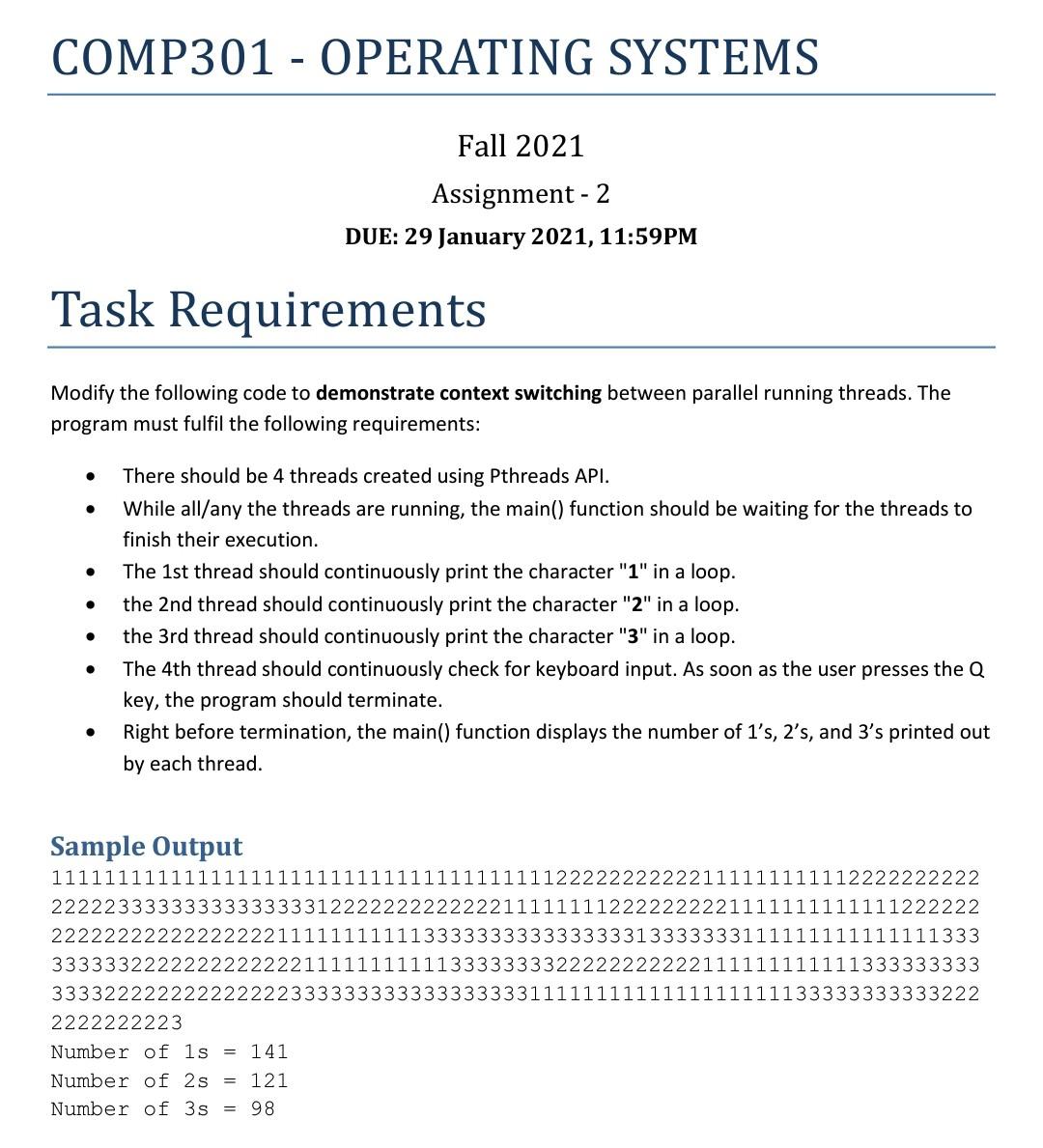  Operating System Question. Need to be solved on LINUX in C.