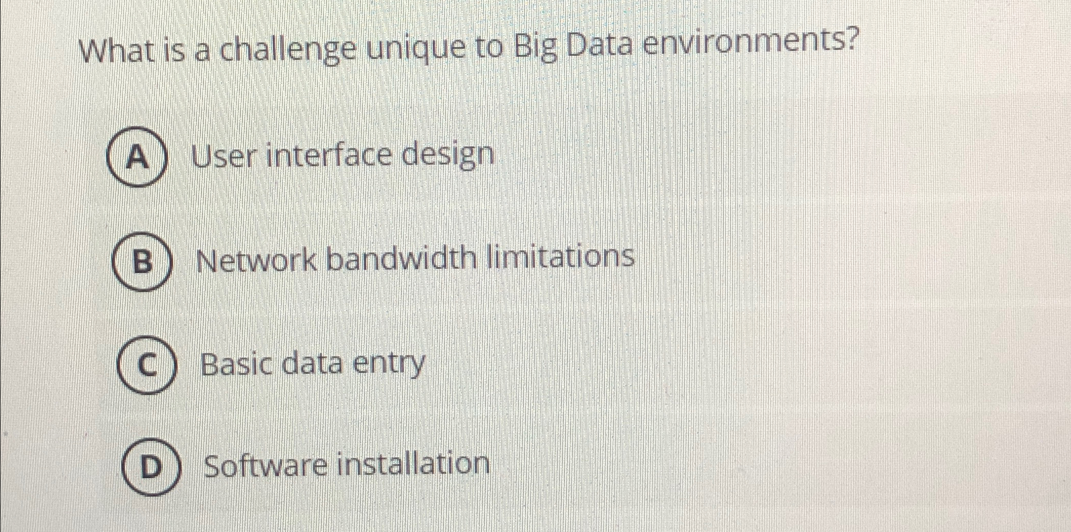  What is a challenge unique to Big Data environments? User interface