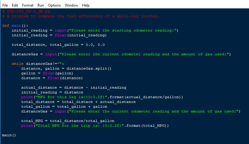 Write a program that computes the fuel efficiency of a multi-leg journey.