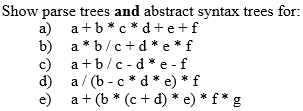  Show parse trees and abstract syntax trees for: a)a+b*c*d+e+f b)a*bc+d*e*f c)a+bc-d*e-f