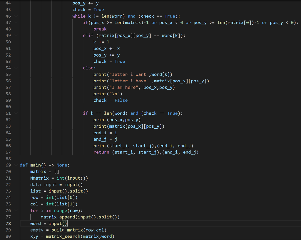 know why my "matrix_search" function keeps returning None, instead of the coordinates.