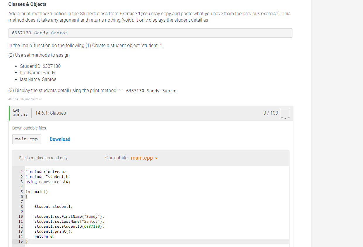  Classes \& Objects Add a print method/function in the Student class