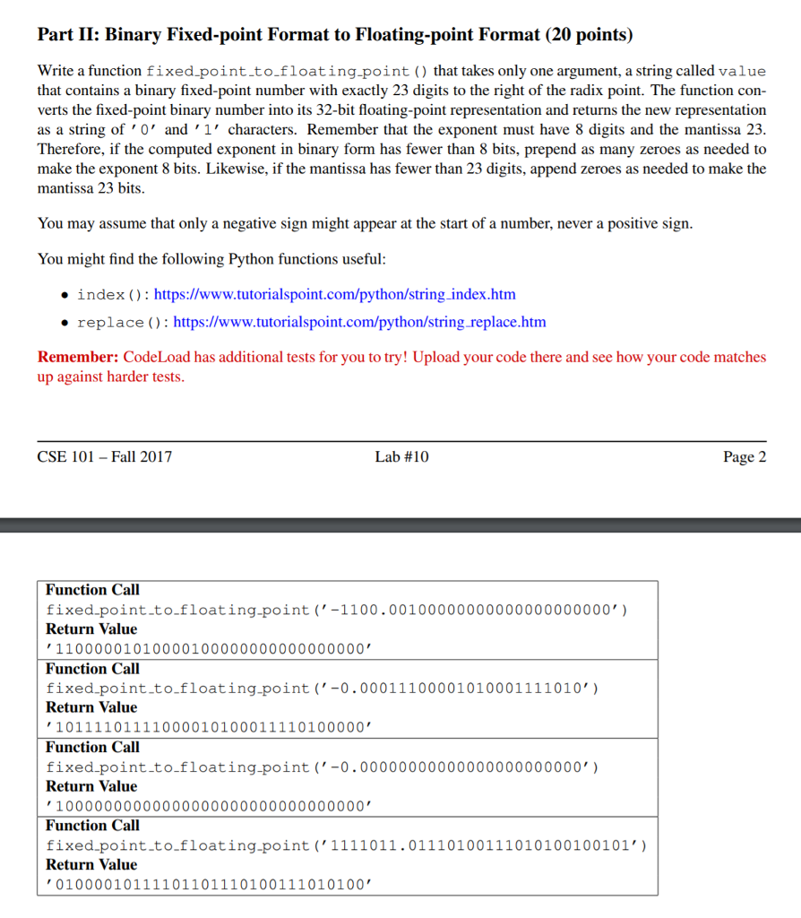Write a function fixed point to floating point() that takes only one