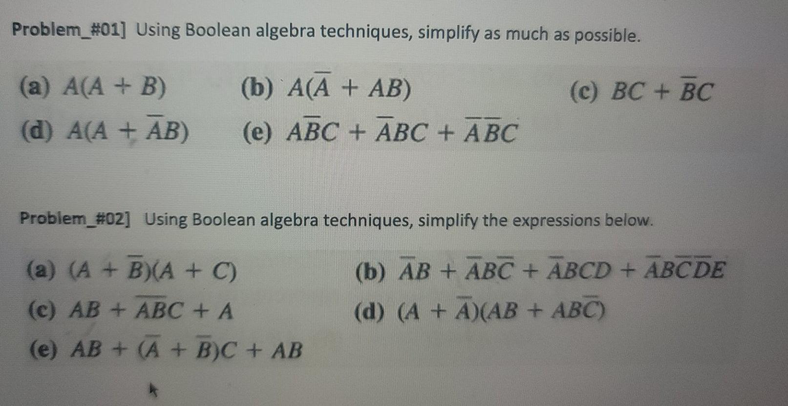 Problem_#01] Using Boolean algebra techniques, simplify as much as possible. (c)