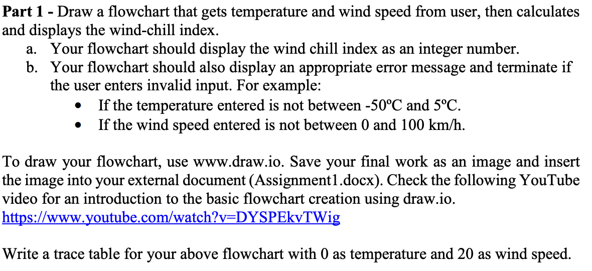  Part 1- Draw a flowchart that gets temperature and wind speed